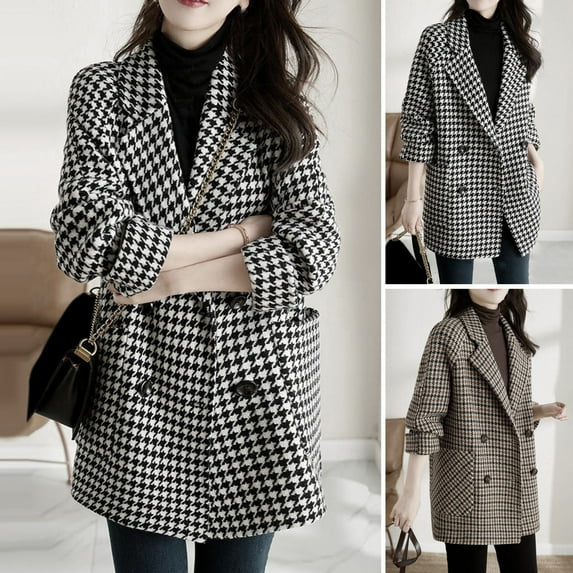 BAETEUY Women Lapel Jacket Houndstooth Tweed Blazer Coat Vintage Long