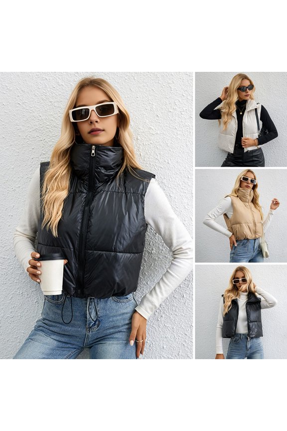 Women Padded Vest Lightweight Stand Collar Sleeveless Short Warm