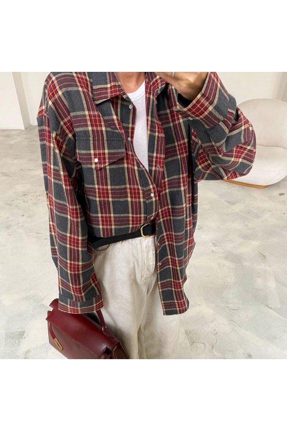 Women Shirt, Lapel, Long Sleeve, Plaid Print, Shirt, Flap, Pocket, Loose Fit, Buttons, Placket, Mid-length, Shirt