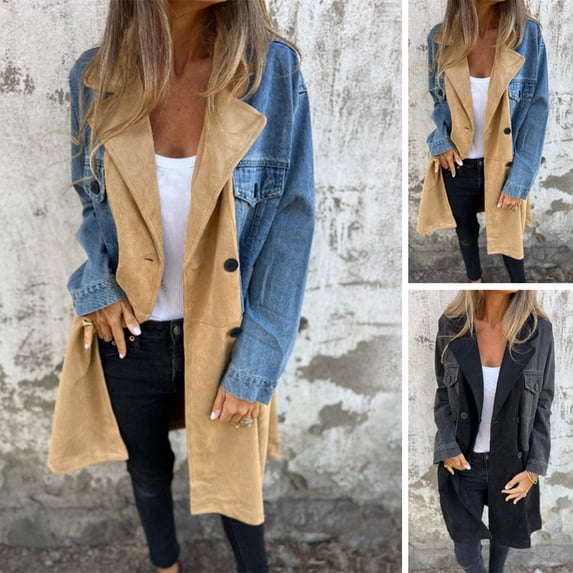 BAETEUY Women Spring Fall Coat - Denim Jacket Overcoat Patchwork Double-breasted Mid Length Coat
