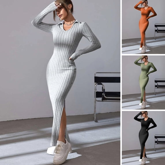 BAETEUY Women Spring Fall Dress V Neck Slit Hem Thread Slim Fit Long Sleeves Ankle Length Knitted Elastic Maxi Dress Shopping Dating Party Dress
