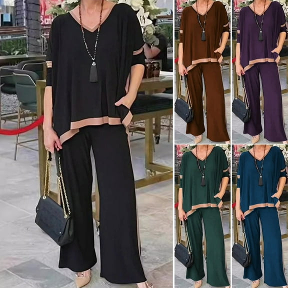 BAETEUY Women Top Pants Set, 2 Pcs/Set, V, Neck, Three, Quarter, Sleeves, Sweatshirt, Elastic, Waist, Wide, Leg, Sweatpants, Sport, Outfit, Autumn, Casual, Tracksuit