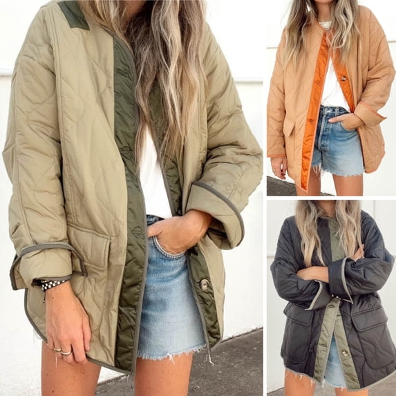 BAETEUY Women Winter Coat - Double Pockets Loose Color Matching Single-breasted Mid Length Jacket