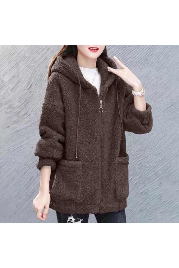 Women Winter Hoodie, Thick Fleece, Drawstring Hooded, Outerwear, Full Sleeves, Zipper Closure, Windproof, Cardigan, Jacket, Pockets