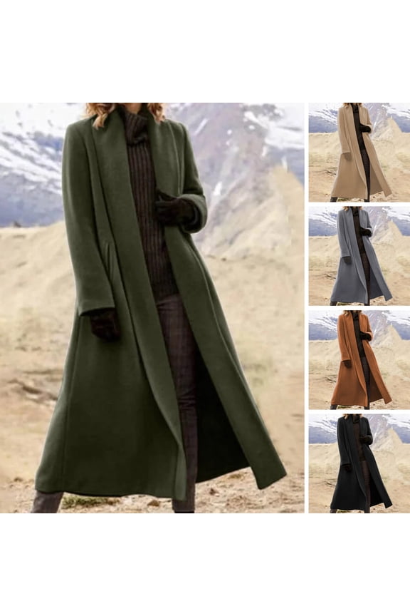 Women Winter Overcoat, Open Stitch, Turn-down Collar, Long Sleeves, Windbreaker, Loose, Cardigan, Calf Length, Outdoor, Woolen, Coat