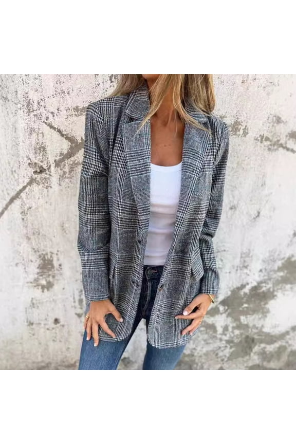 Women's Suit Coat, Lapel Long Sleeve Houndstooth Print, Single-Breasted Cardigan Style, Suit Jacket with Flap Pockets, Loose Fit Business Outwear