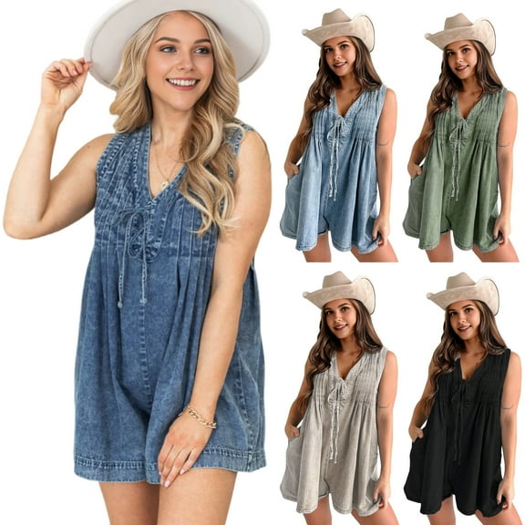 BAETEUY Women's Summer Romper, V-Neck, Lace-Up, Pleated Sleeveless, with Pockets, Loose Pure Color, Deep Crotch, Vacation, Beach, Casual Romper