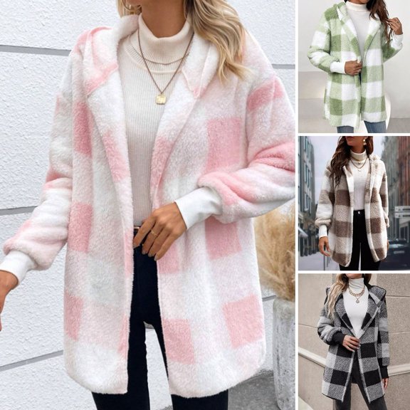 BAETEUY Women's Winter Coat, Contrast Color Plaid Print, Thick Double-Sided Velvet, Hooded, Open Stitch, Elastic Cuffs, Loose, Keep Warm Overcoat