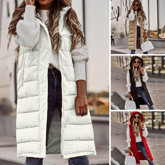 BAETEUY Women's Winter Vest Coat - Hooded Solid Color Zipper Closure - Sleeveless Padded Mid Length - Windproof Warm Lady Waistcoat