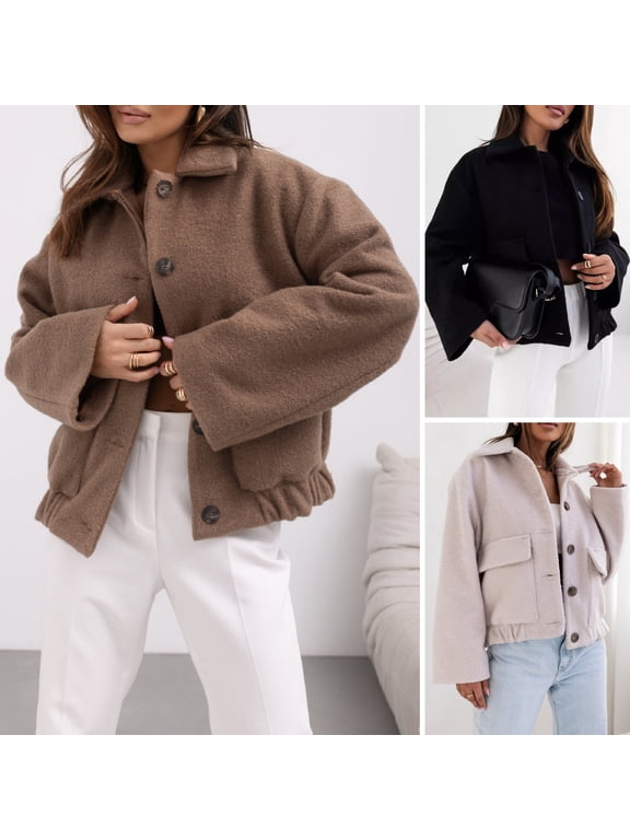 Women's Woolen Jacket, Turn-Down, Solid Color, Single-Breasted Coat, Pleated Hem, Thermal Long Sleeved, Commuting, Dating, Spring, Fall, Winter Coat