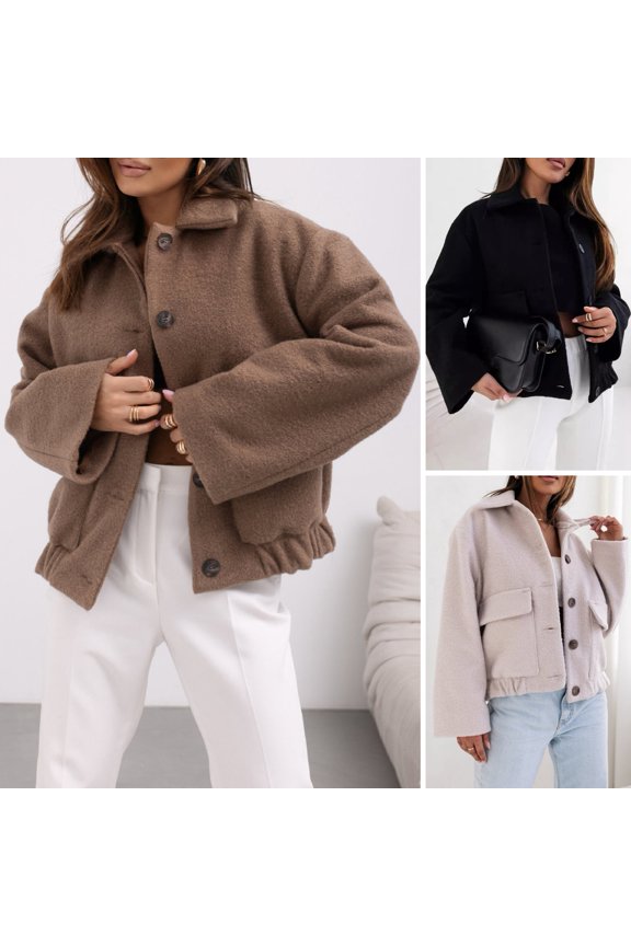 Women's Woolen Jacket, Turn-Down, Solid Color, Single-Breasted Coat, Pleated Hem, Thermal Long Sleeved, Commuting, Dating, Spring, Fall, Winter Coat