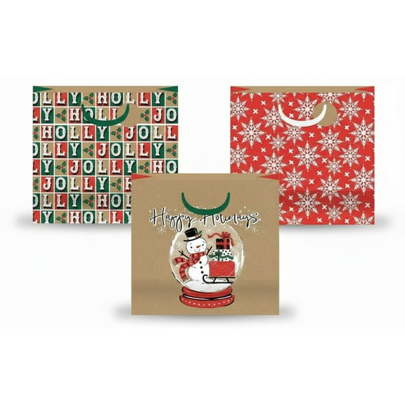 3-Pack Extra Large Festive Print Kraft Gift Bag Kit - Heavy Duty