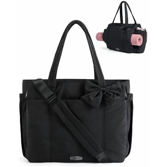 BAGAMSRT Crush Bow Tote Bag for Women, Large Work Tote with 40oz Tumbler, Puffer Travel Tote Bag for Work, Yoga, Gym