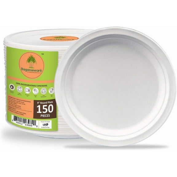 BAGASSEWARE 9Compostable Round Plates, Heavy-Duty, Microwave & Freezer Safe, Soak-Proof, Eco-Friendly, 150 Count