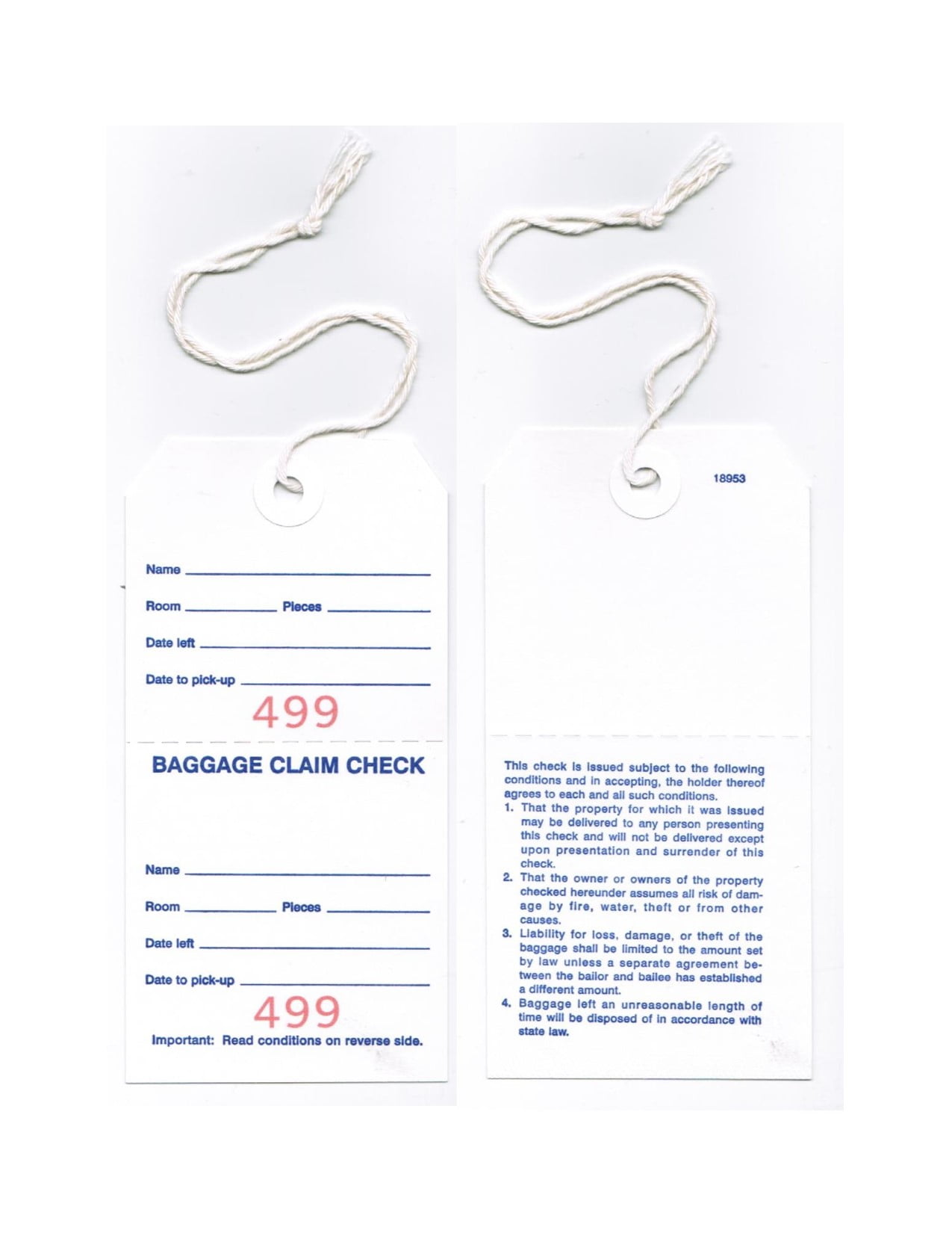 Walmart BAGGAGE CLAIM CHECK Tag with String, White Stock Printed in ...