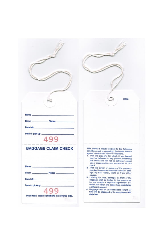 BAGGAGE CLAIM CHECK Tag w String, Perfed White Stock Printed in Blue (2 Sides), Red Numbering 000-999, Size 6 (2-5/8" x 5-1/4") - Box of 1,000