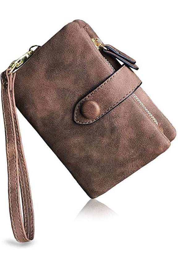Women's Bifold Leather RFID Wristlet Wallet with Card Slots, Brown