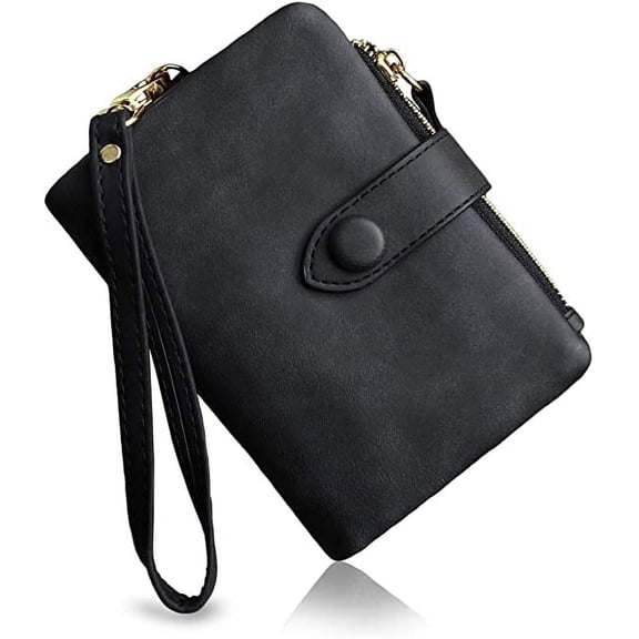 BAGLINTAIBAG Womens Small Bifold Leather Wallets Rfid Ladies Wristlet with Card Slots Id Window Zipper Coin Purse,Black