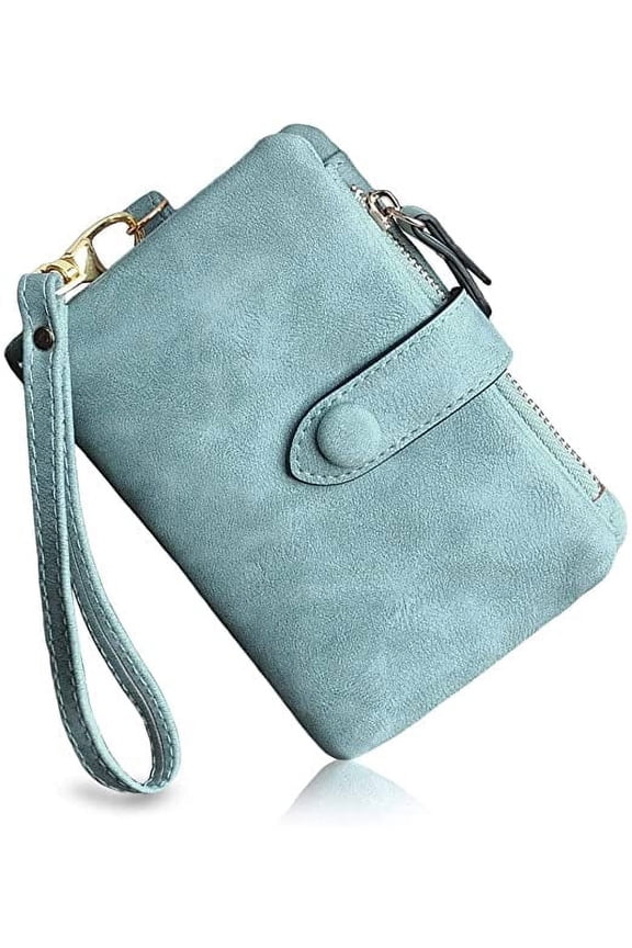 Womens Small Bifold Leather Wallets Rfid Ladies Wristlet with Card Slots Id Window Zipper Coin Purse,Blue