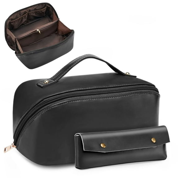 BAGMIND Large Capacity Travel Cosmetic Bag, PU Leather Portable Storage Makeup Bag with Divider,Multifunction Waterproof Toiletry Travel Organizer 2 Pack Black