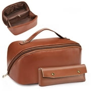 BAGMIND Large Capacity Travel Cosmetic Bag, PU Leather Portable Storage Makeup Bag with Divider,Multifunction Waterproof Toiletry Travel Organizer 2 Pack Brown