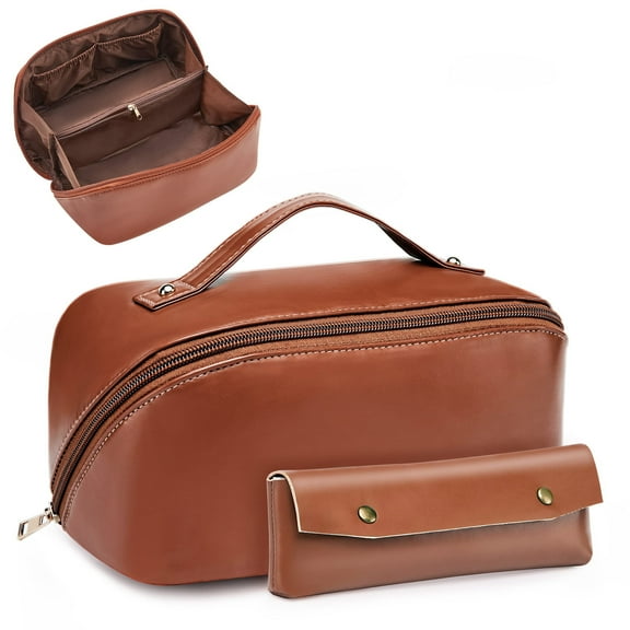 BAGMIND Large Capacity Travel Cosmetic Bag, PU Leather Portable Storage Makeup Bag with Divider,Multifunction Waterproof Toiletry Travel Organizer 2 Pack Brown