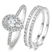 BAGOLIKA Engagement Wedding Ring Set for Women 925 Sterling Silver 3pcs Pear Cut 5A Zircon Size 7