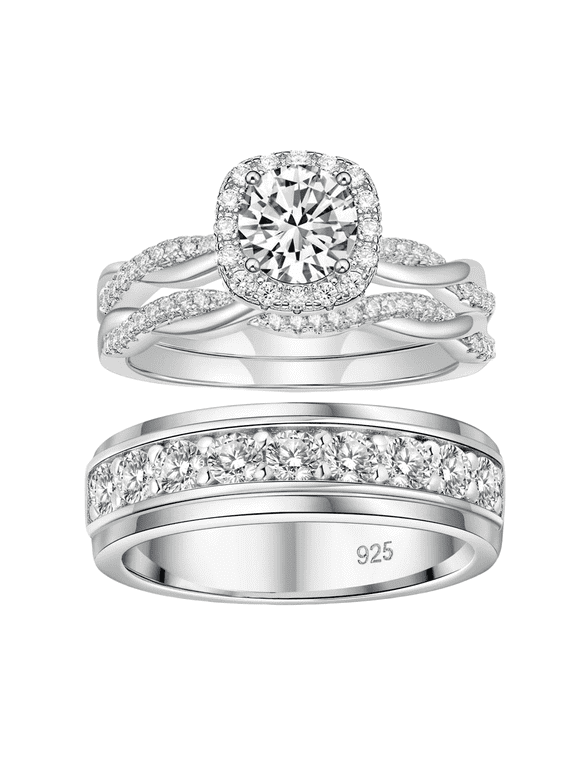 Wedding Ring Sets for His and Hers Promise Couples Wedding Rings Halo Wedding Bands 925 Sterling Silver Cz Size 10&8