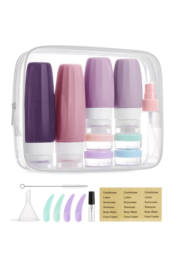 18 Pack TSA Approved Travel Bottles for Toiletries, Leak Proof Silicone Travel Size Containers Bottles for Shampoo, Purple