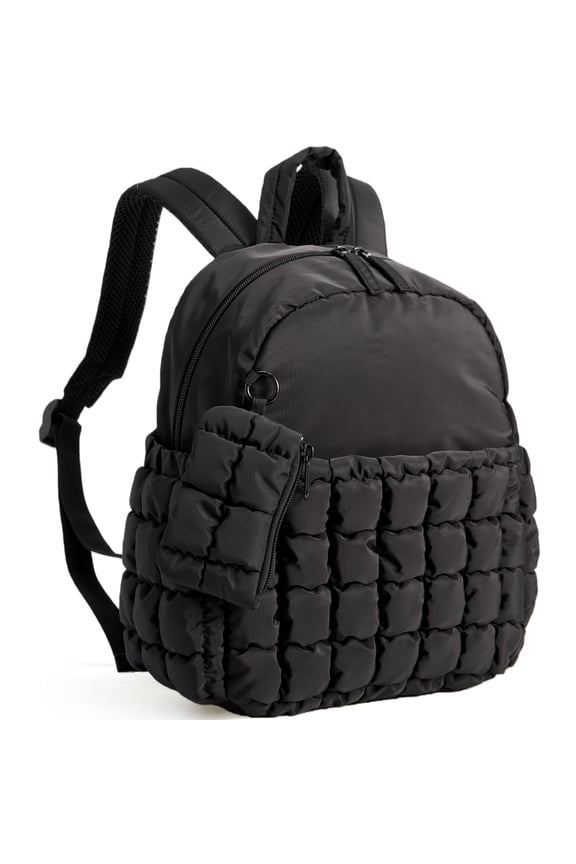 Quilted Mini Backpack with Detachable Small Bag, Lightweight Puffer Small Backpack Purse for Women, Water-Resistant Casual Travel Daypack Bookbag for Travel Daily, Black
