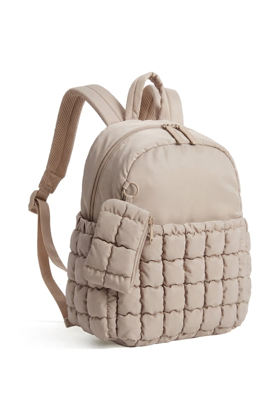 Quilted Mini Backpack with Detachable Small Bag, Lightweight Puffer Small Backpack Purse for Women, Water-Resistant Casual Travel Daypack Bookbag for Travel Daily, Camel