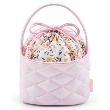 BAGSMART Barrel Drawstring Makeup Bag, Travel Toiletry Bag, Large Cosmetic Bag, Portable Make Up Bags for Women Toiletries Accessories Brush, Pink