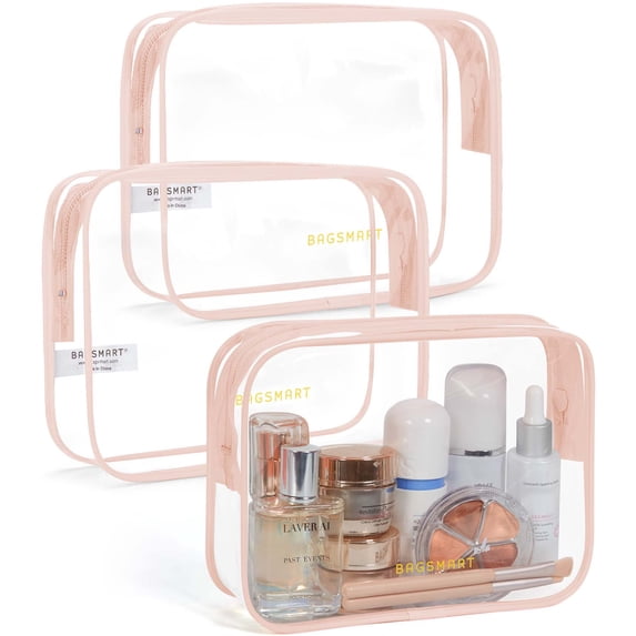 BAGSMART Clear Toiletry Bag, 3 Packs TSA Approved Water resistant Quart Size Travel Organizer, Airport Airline Travel Essential Carry On Makeup Cosmetic Bags for Women, Nude Pink