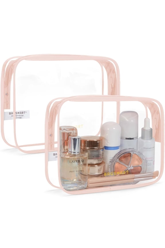 Clear Toiletry Bag, 2 Packs TSA Approved Water Resistant Quart Size Travel Organizer, Airport Airline Travel Essential Carry On Makeup Cosmetic Bags for Women, Nude Pink