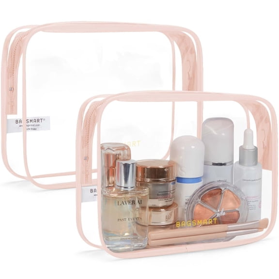 BAGSMART Clear Toiletry Bag, 2 Packs TSA Approved Water Resistant Quart Size Travel Organizer, Airport Airline Travel Essential Carry On Makeup Cosmetic Bags for Women, Nude Pink