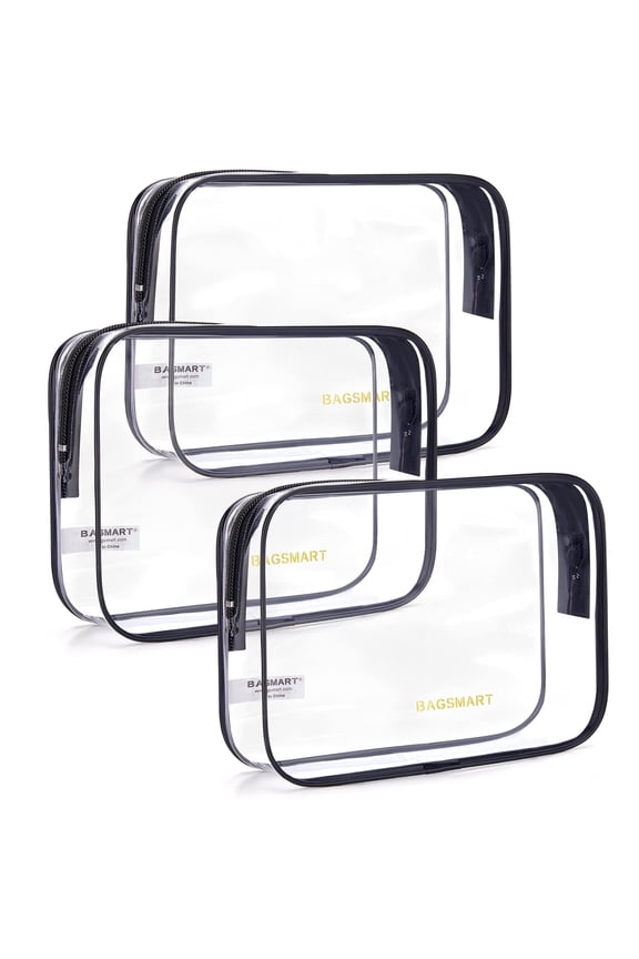 Clear Toiletry Bag, 3 Packs TSA Approved Water resistant Quart Size Travel Organizer, Airport Airline Travel Essential Carry On Makeup Cosmetic Bags for Women, Black