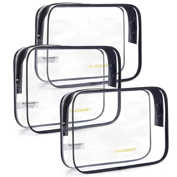 BAGSMART Clear Toiletry Bag, 3 Packs TSA Approved Water resistant Quart Size Travel Organizer, Airport Airline Travel Essential Carry On Makeup Cosmetic Bags for Women, Black