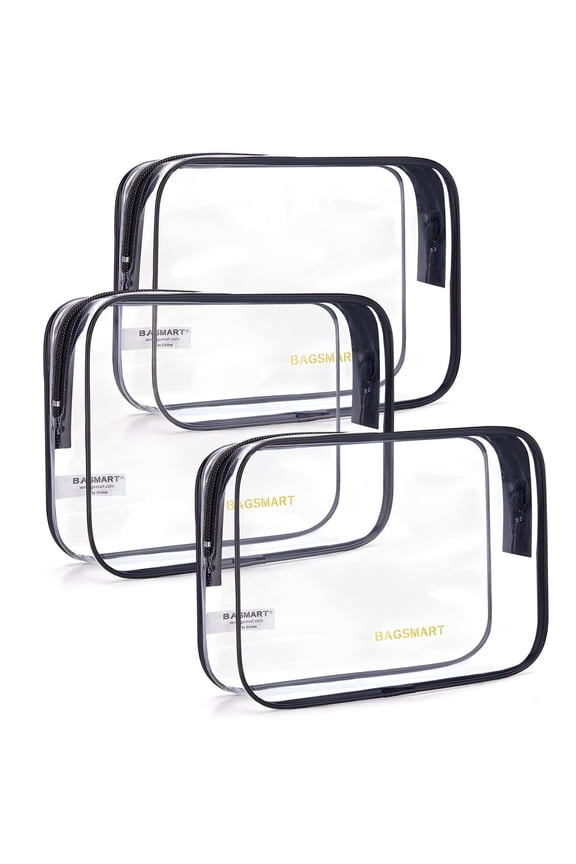 Clear Toiletry Bag, 3 Packs TSA Approved Water resistant Quart Size Travel Organizer, Airport Airline Travel Essential Carry On Makeup Cosmetic Bags for Women, Black