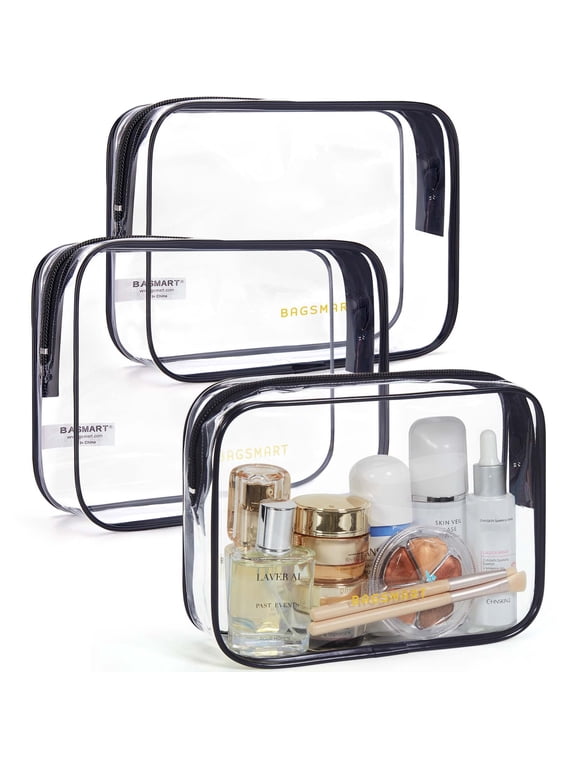 Clear Toiletry Bag, 3 Packs TSA Approved Water resistant Quart Size Travel Organizer, Airport Airline Travel Essential Carry On Makeup Cosmetic Bags for Women, Black