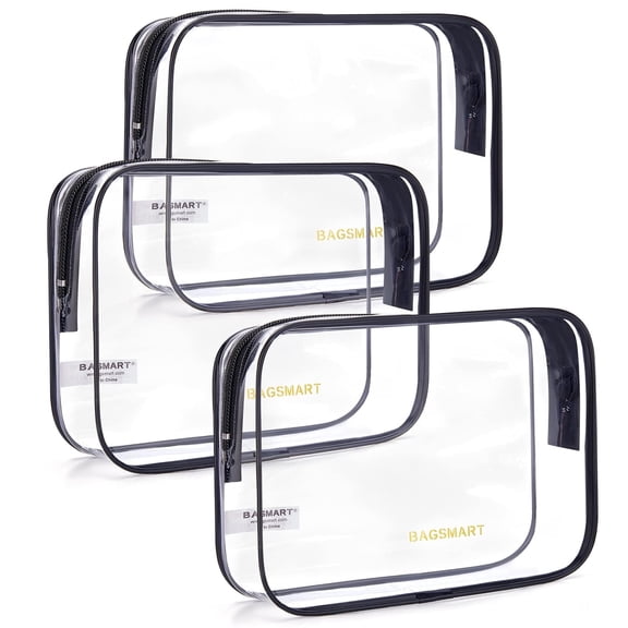 BAGSMART Clear Toiletry Bag, 3 Packs TSA Approved Water resistant Quart Size Travel Organizer, Airport Airline Travel Essential Carry On Makeup Cosmetic Bags for Women, Black