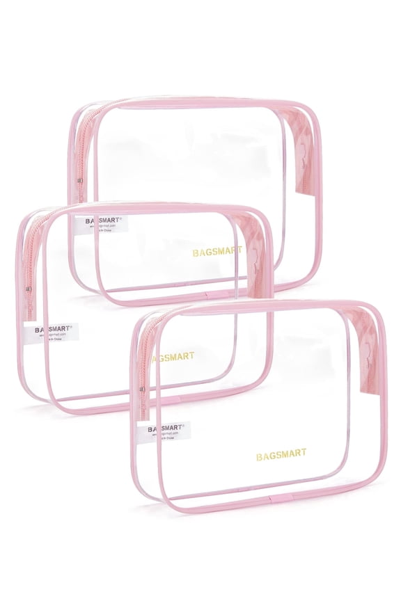 Clear Toiletry Bag, 3 Packs TSA Approved Water resistant Quart Size Travel Organizer, Airport Airline Travel Essential Carry On Makeup Cosmetic Bags for Women, Pink