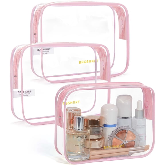 BAGSMART Clear Toiletry Bag, 3 Packs TSA Approved Water resistant Quart Size Travel Organizer, Airport Airline Travel Essential Carry On Makeup Cosmetic Bags for Women, Candy Pink