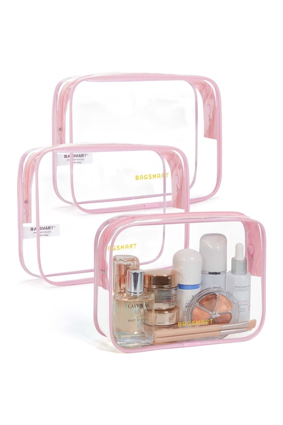 Clear Toiletry Bag, 3 Packs TSA Approved Water resistant Quart Size Travel Organizer, Airport Airline Travel Essential Carry On Makeup Cosmetic Bags for Women, Candy Pink