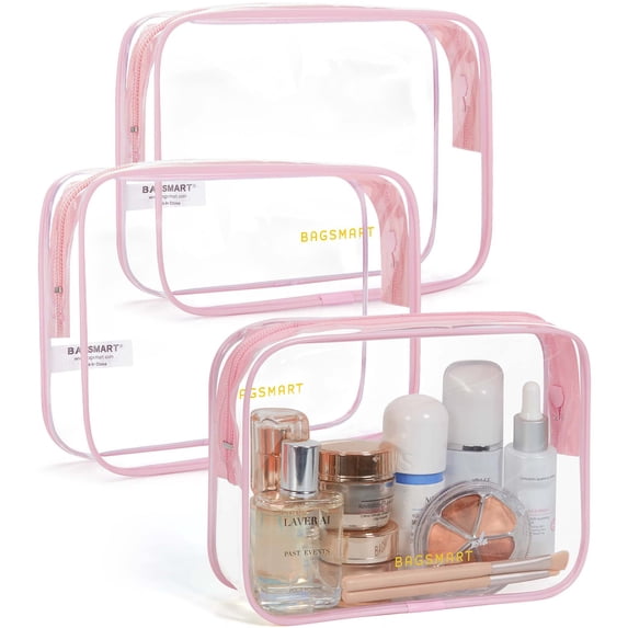 BAGSMART Clear Toiletry Bag, 3 Packs TSA Approved Water resistant Quart Size Travel Organizer, Airport Airline Travel Essential Carry On Makeup Cosmetic Bags for Women, Candy Pink