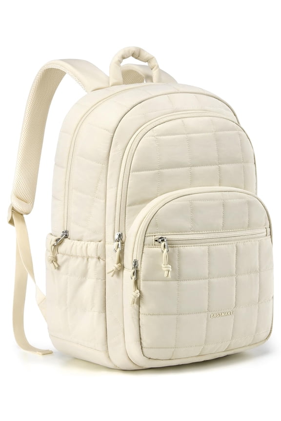 College Laptop Backpack, Travel Laptop Backpack for Women, Quilted Casual Daypack, Water-Resistant Bookbag for 15.6 Inch Laptop, Cream