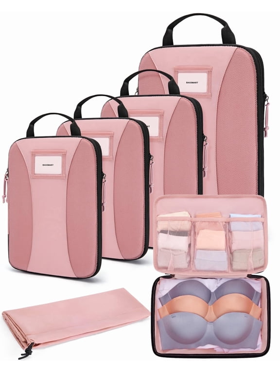 Compression Packing Cubes, 6 PCS Packing Cubes for Suitcases, Travel Bags Organizer for Luggage, Lightweight Packing Cube for Travel Essentials, Pink