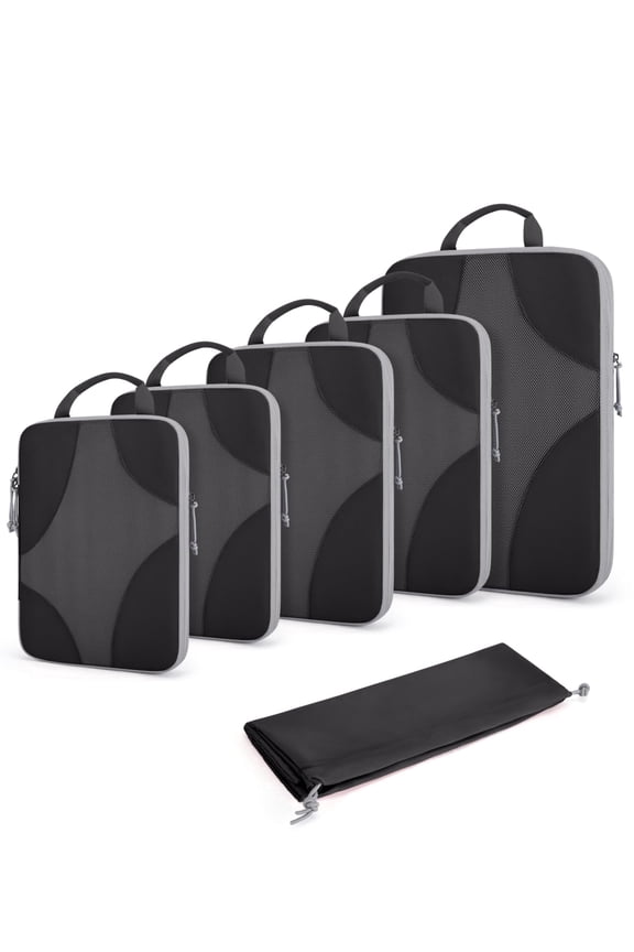 Compression Packing Cubes for Travel, Compressible Packing Cubes for Carry On Suitcase, Lightweight Travel Essentials (6-Pack (1L+2M+2S+1Shoe Bag),Black
