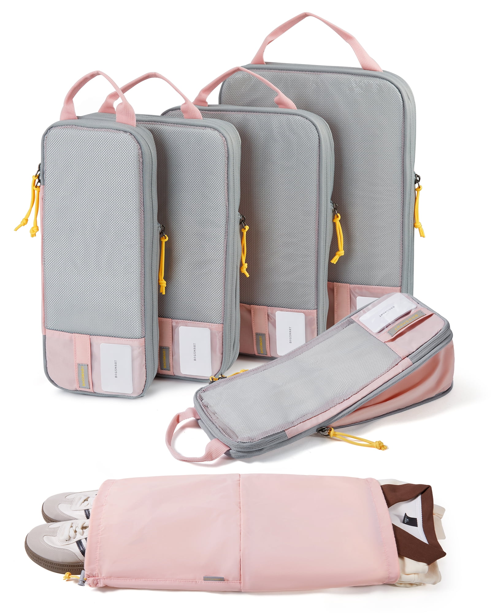 BAGSMART Compression Packing Cubes for Travel Luggage, 6 Pcs Expandable Packing Organizers Foldable Lightweight Suitcase Storage Bags for Travel Accessories, Women Men, Baby Pink