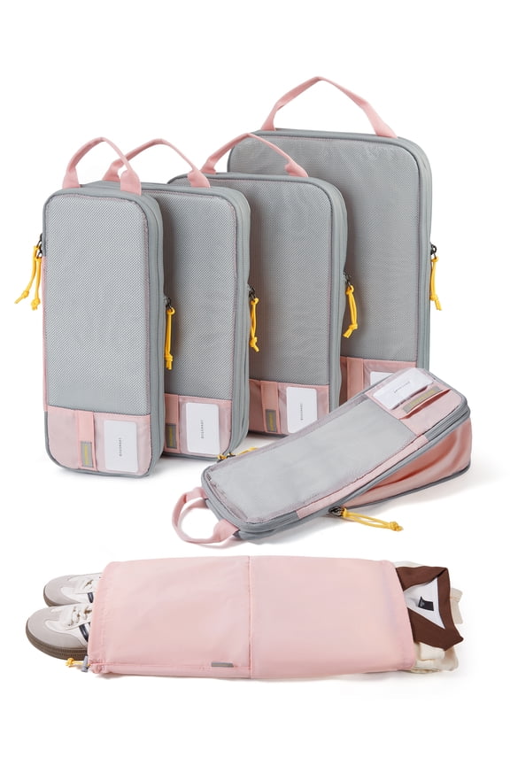 Compression Packing Cubes for Travel Luggage, 6 Pcs Expandable Packing Organizers Foldable Lightweight Suitcase Storage Bags for Travel Accessories, Women Men, Baby Pink