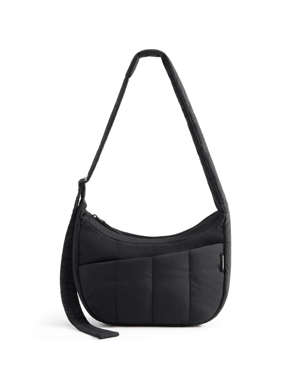 Puffy Crossbody Bag for Daily Use, Lightweight Shoulder Handbag Underarm Pouch with Adjustable Straps, Black